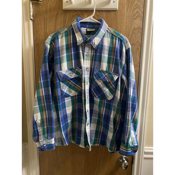 Vintage Five Brothers Thick Flannel Button Up Shirt XL Shacket Blue Green Yellow - Picture 1 of 12